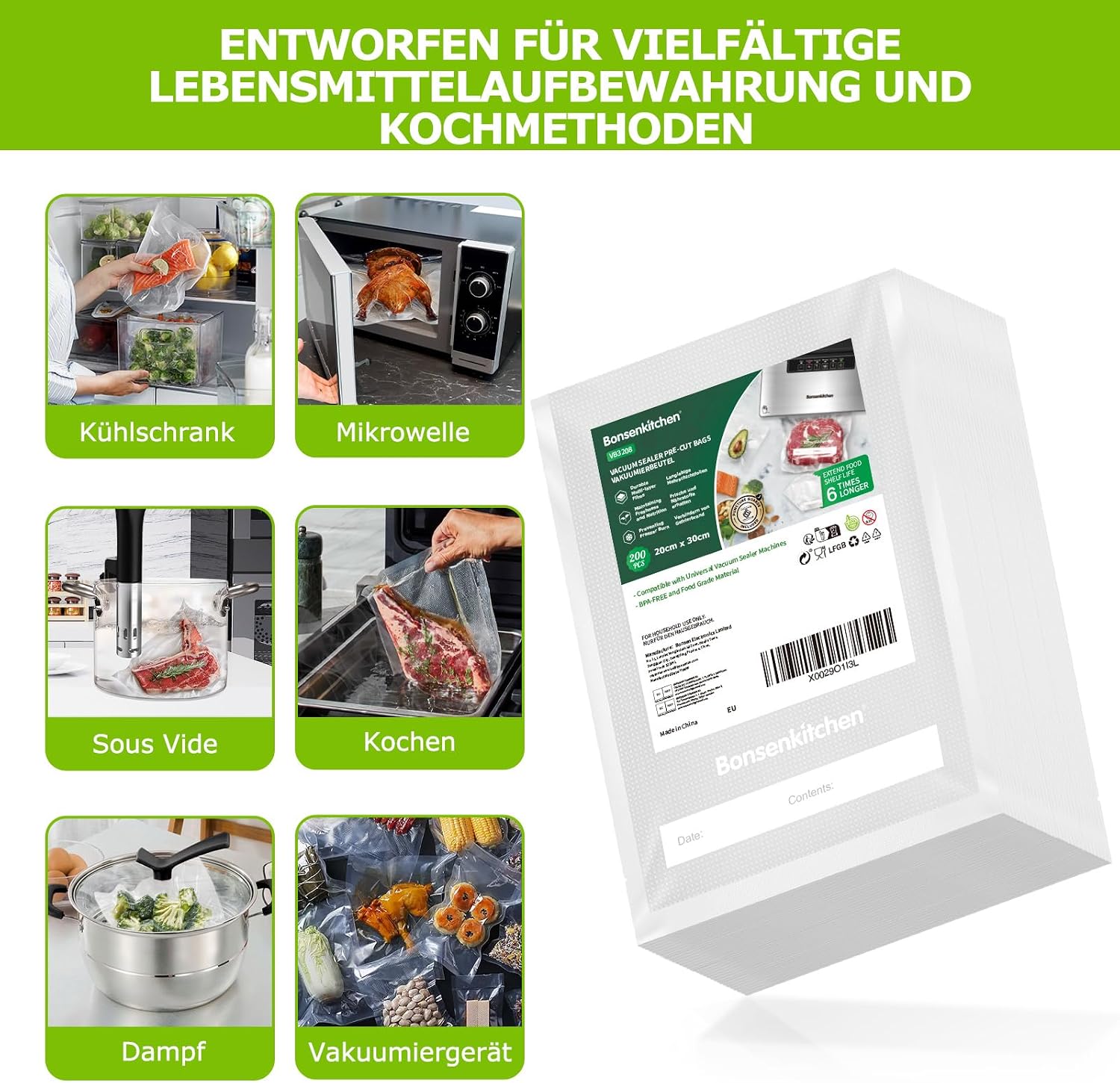 Detalle 1 de Bonsenkitchen Vakuumierbeutel 20x30 cm 200er Pack 🥩