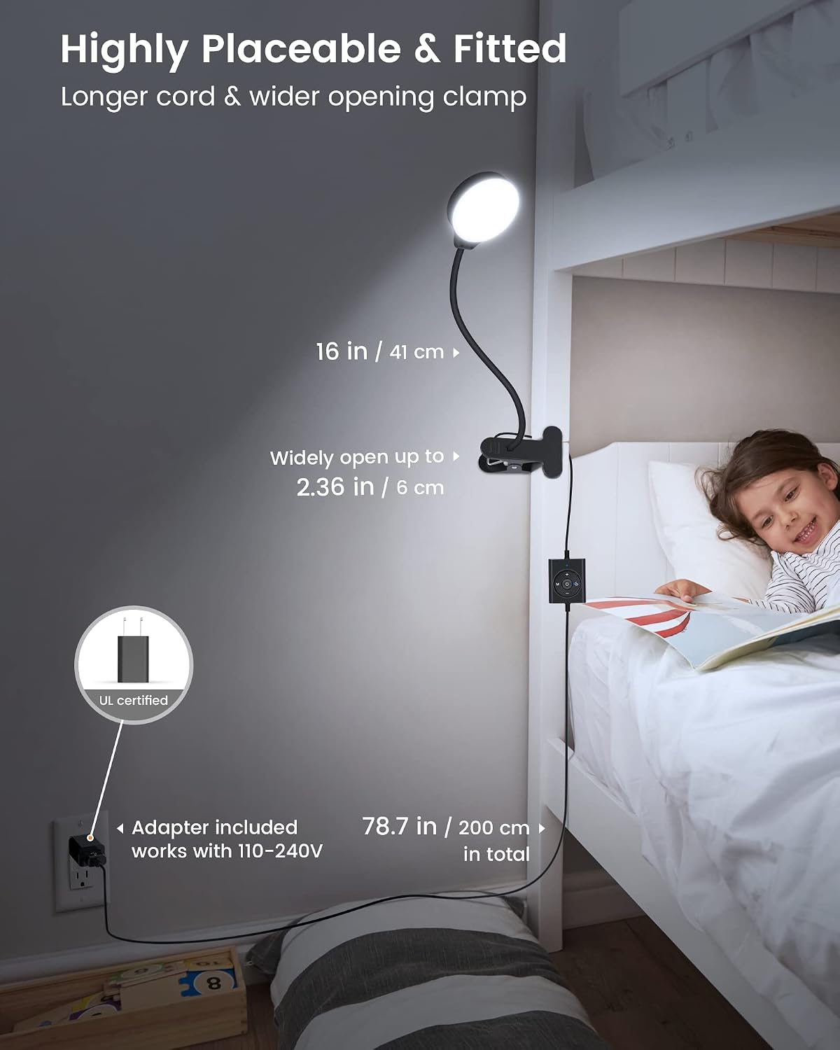 Detalle de Glocusent 5W Clip-On Reading Light, 3 Color Modes, 5 Brightness Levels