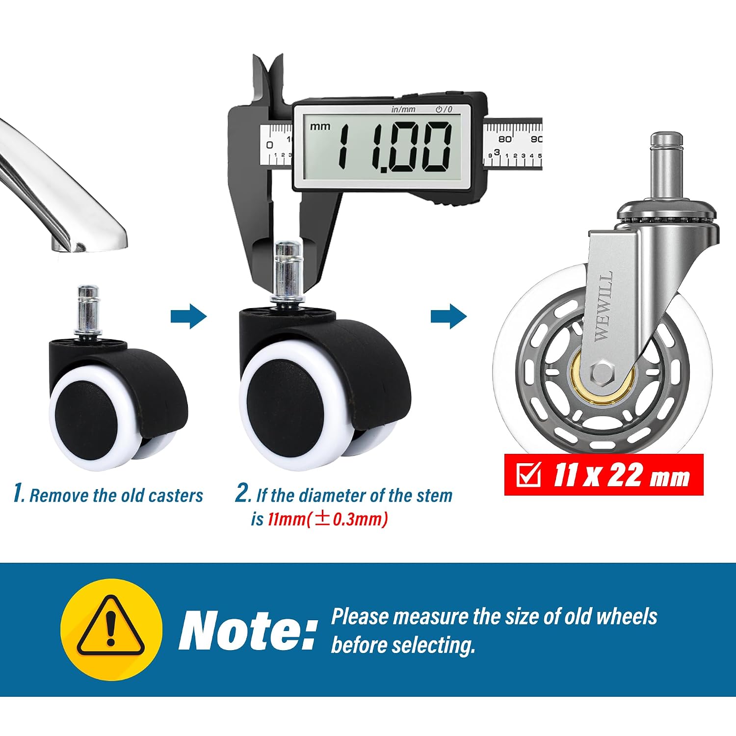 Detalle de WEWILL Bürostuhl Rollen 11×22 mm (5er Set) – 3 Zoll PU, extra leise, bis 325 kg