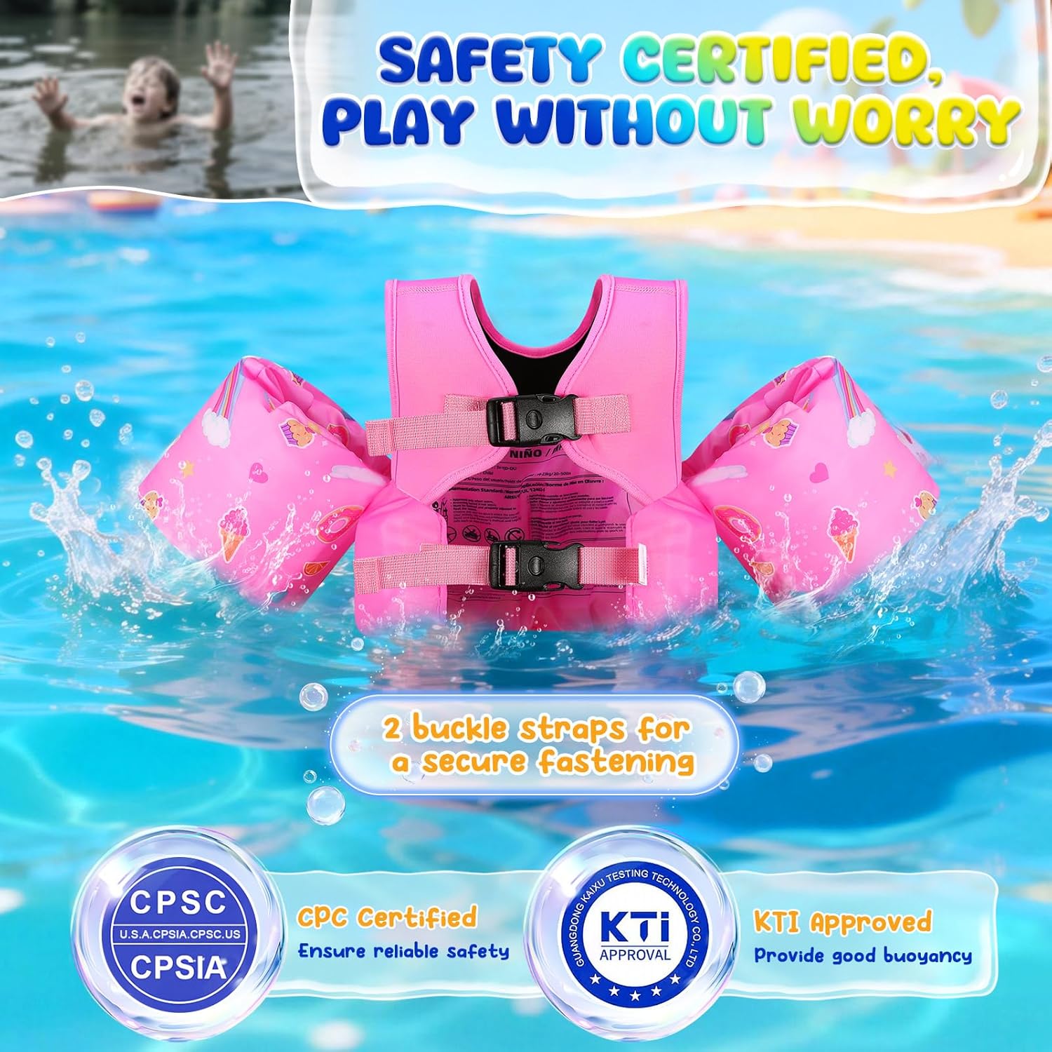 Detalle 2 de MoKo Kleinkind-Schwimmflügel mit Sicherheitsgurt – Cartoon-Trainingsweste (20–50 lbs)