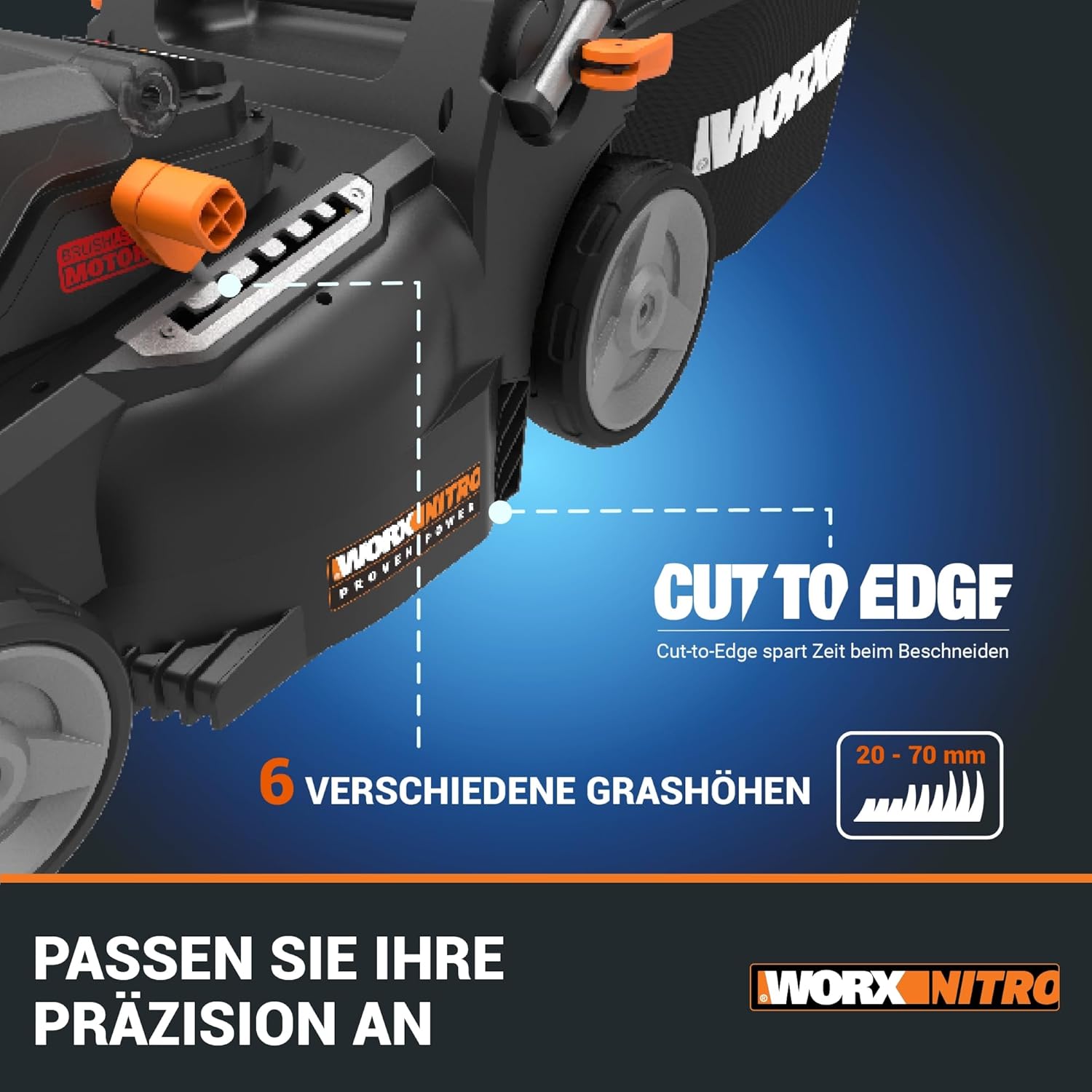 Detalle de WORX WG737E Nitro Akku-Rasenmäher 40V(2x20V) – leistungsstarker, bürstenloser Motor