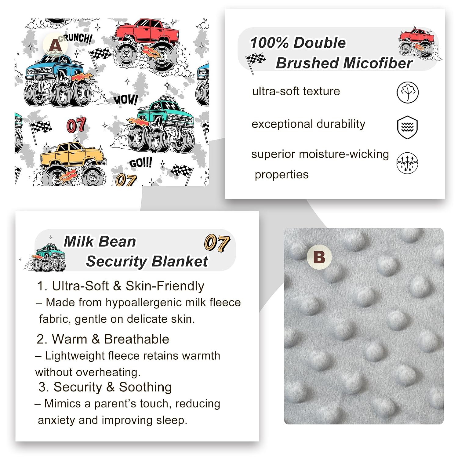 Detalle 2 de Viviland Monster Truck Toddler Nap Mat with Pillow and Minky Blanket
