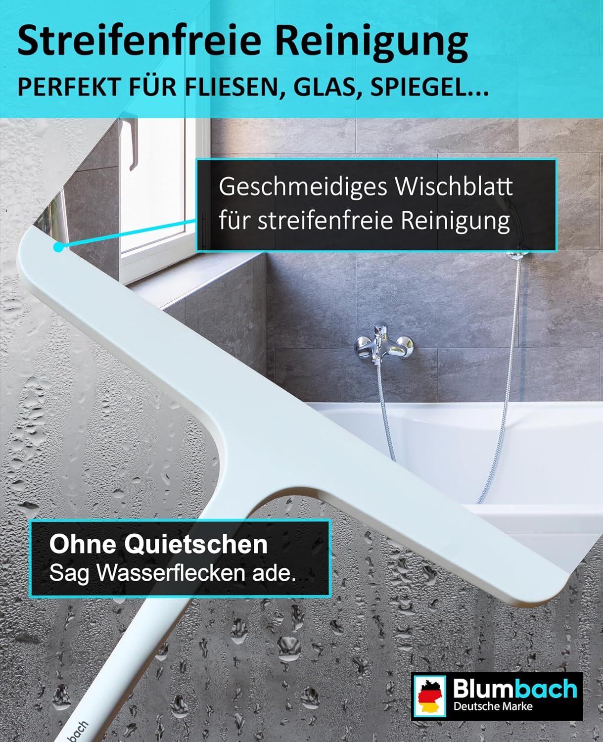 Detalle 2 de BLUMBACH Abzieher für Dusche mit Halterung – Duschabzieher aus Silikon und Edelstahl, 28 cm breit (weiß)