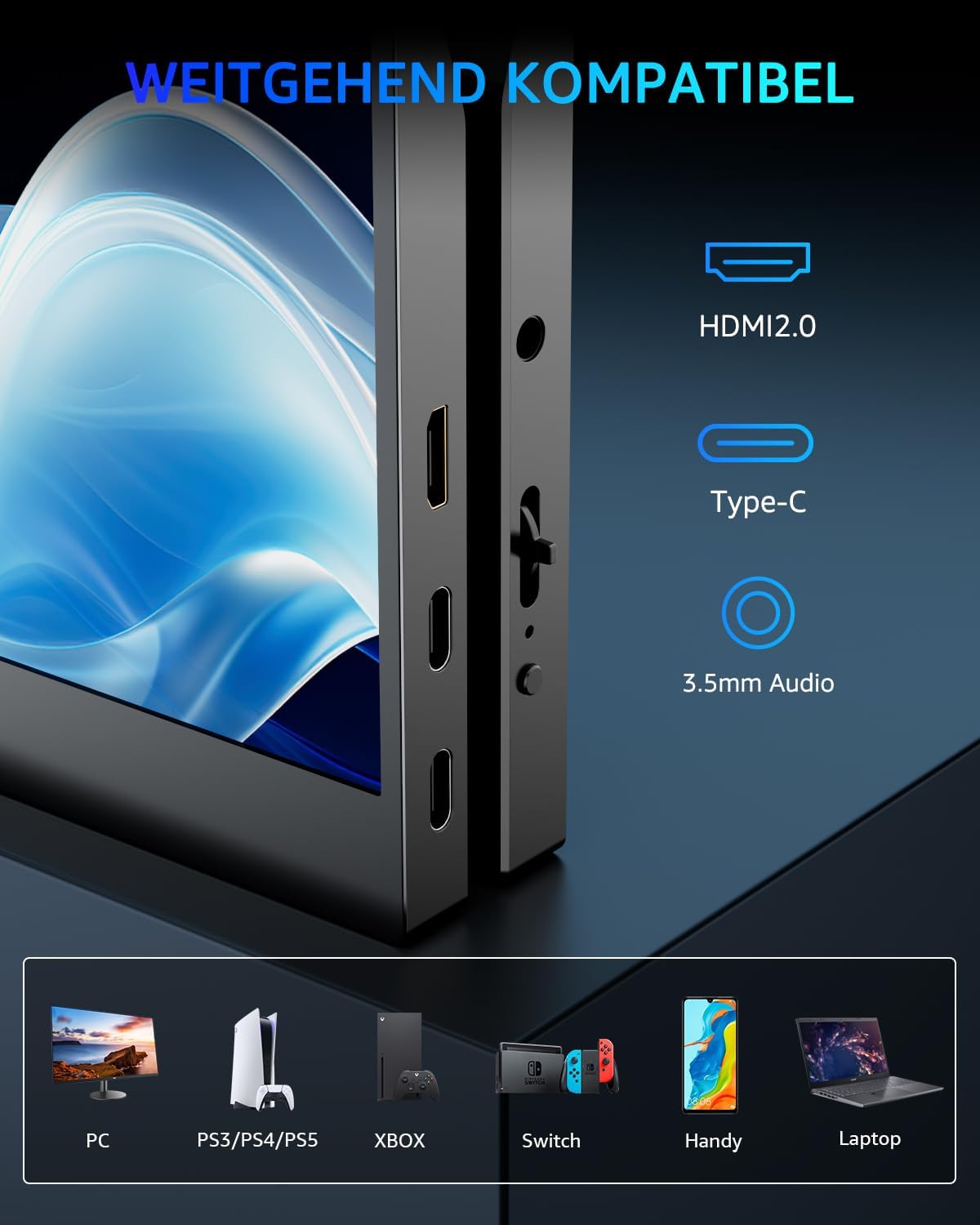 Detalle de Yodoit Portable Monitor 15,6 Zoll - 144 Hz IPS-Panel, USB-C & HDMI tragbar