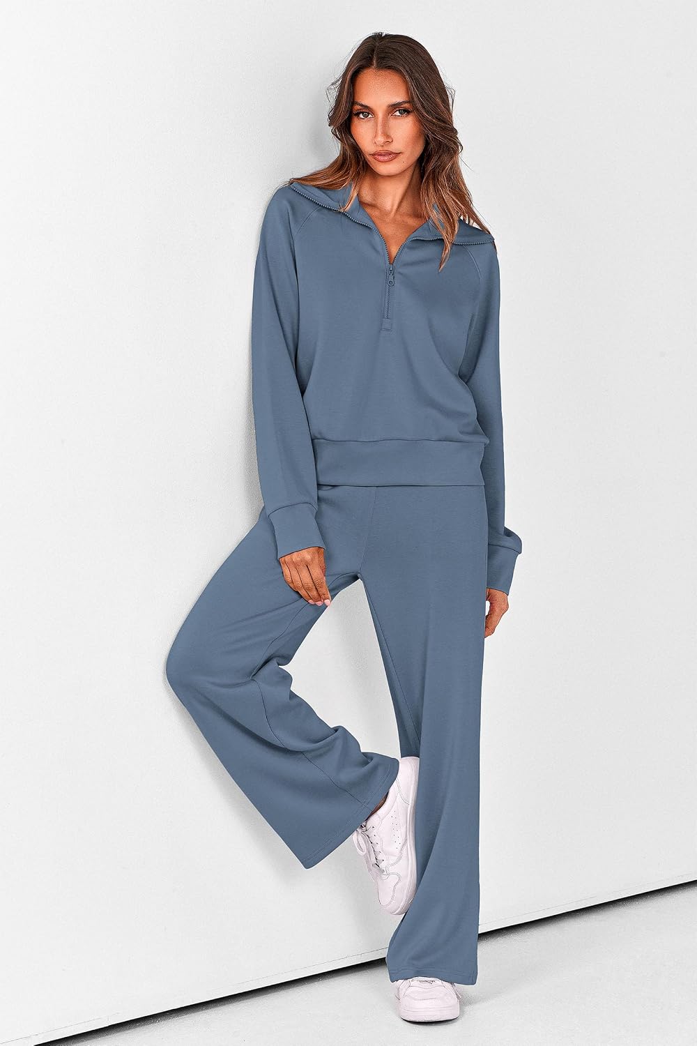 Detalle de PRETTYGARDEN Women’s 2-Piece Casual Tracksuit Set (Half-Zip Sweatshirt + Wide-Leg Pants)