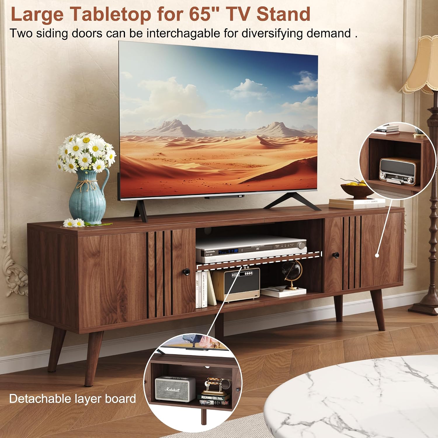 Detalle 2 de HOMEFORT 021A Mid-Century TV Stand, Walnut, Sliding Doors and Cable Holes
