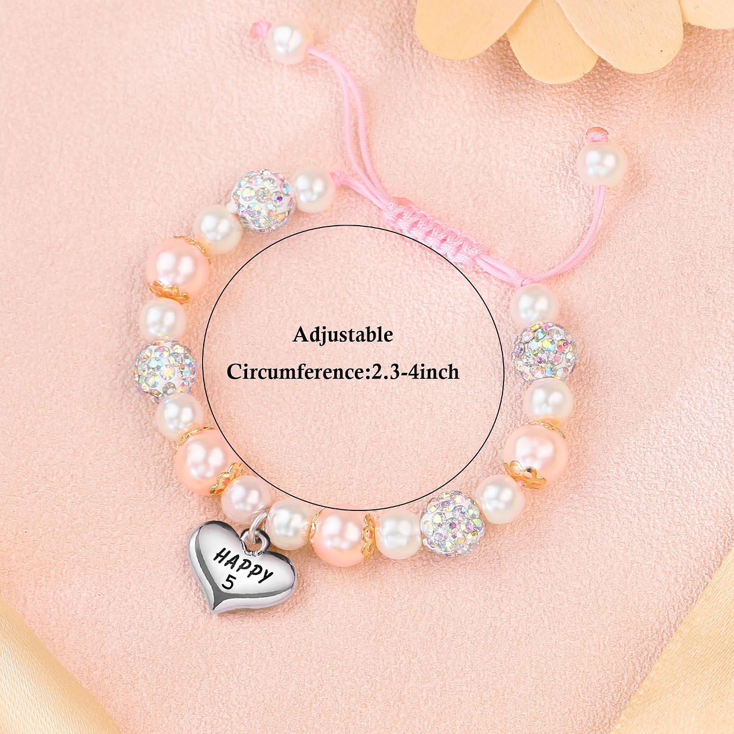 Detalle de Sereney Beaded Birthday Bracelet for Girls – Adjustable Pink & White Pearl with Cross Pendant