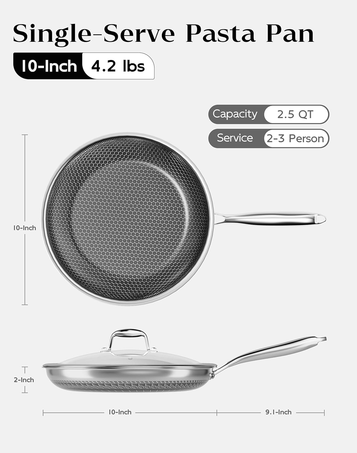Detalle de XBM 10-Inch Nonstick Frying Pan with Lid — Durable Tri-Ply Stainless Steel, Induction Ready