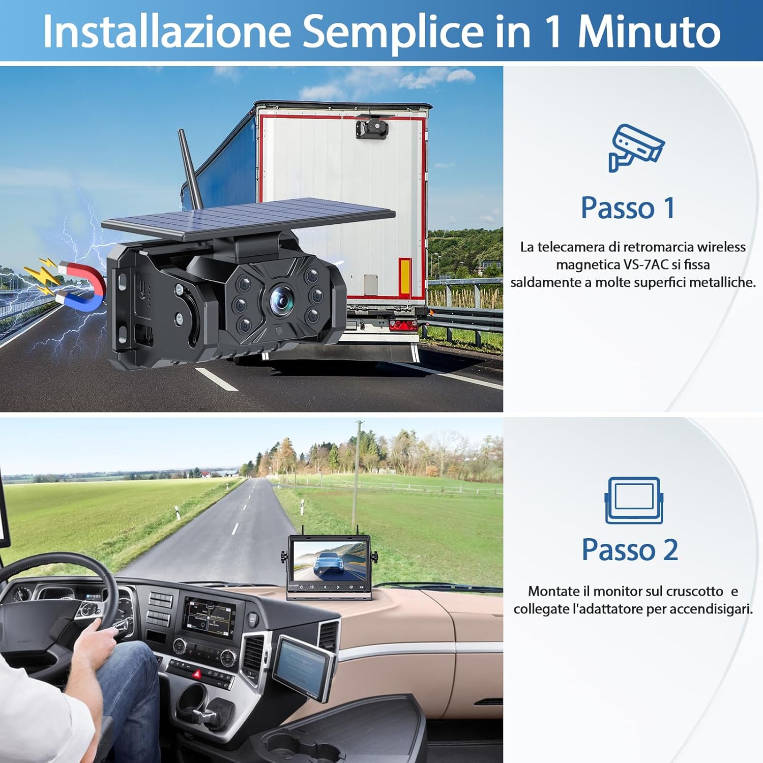 Detalle 2 de VASTEND Retrocamera Solare Wireless con Monitor da 7'' 1080P per Camper, Roulotte e Auto