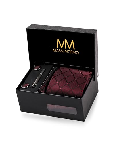 Detalle de Massi Morino Cravatta Bordeaux a Quadri Set Uomo con Fazzoletto da Taschino, Gemelli, Fermacravatta e Confezione Regalo – 5 in 1