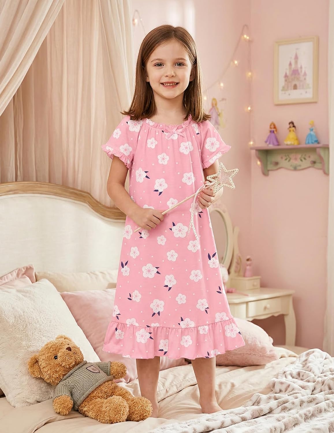 Detalle de Arshiner Girls' Short-Sleeve Princess Nightgown, 95% Polyester, 5% Spandex