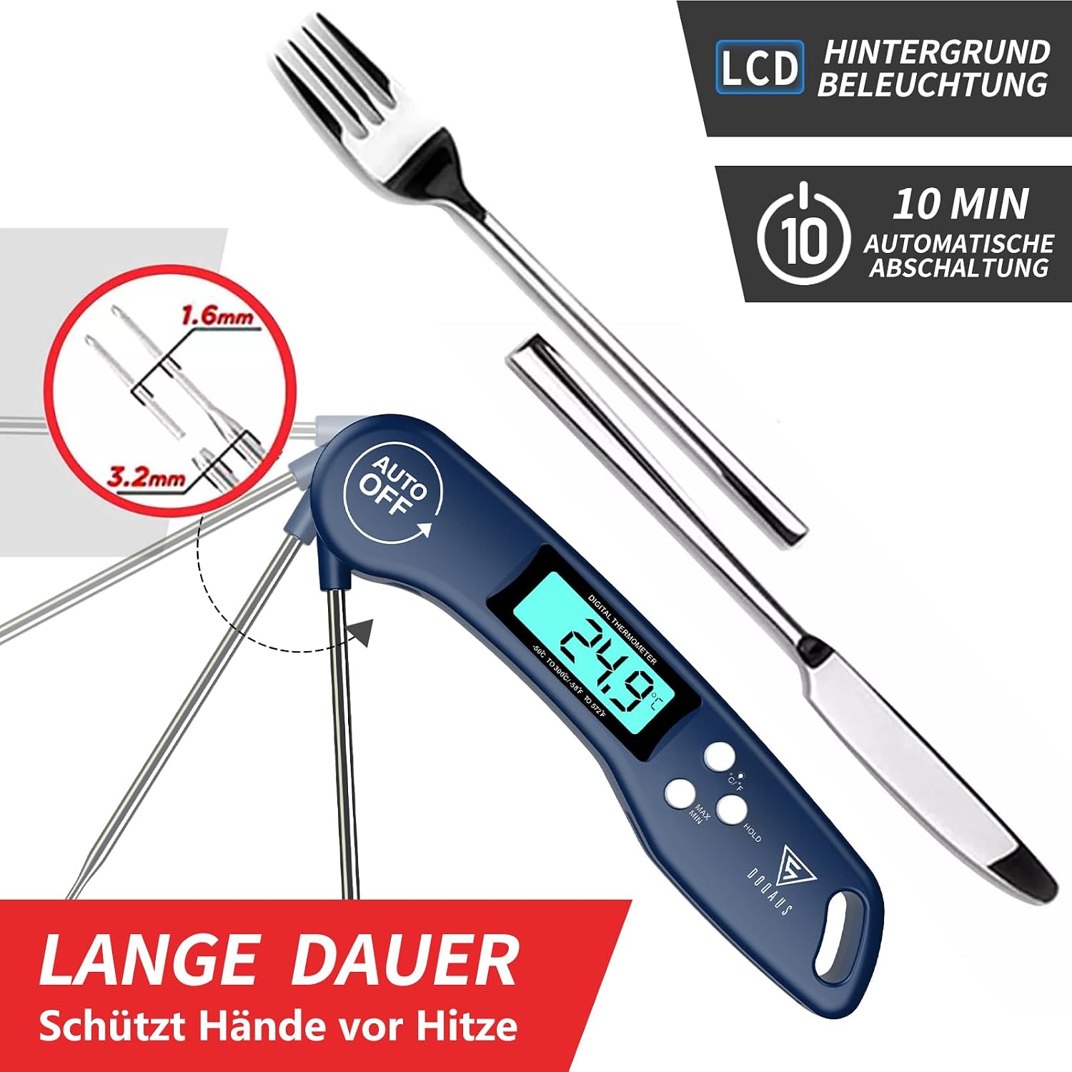 Detalle 2 de DOQAUS Grillthermometer: Fleisch- und Küchenthermometer mit 3-Sekunden-Auslese, LCD-Display und langer 11,5 cm Sonde (Navyblau)