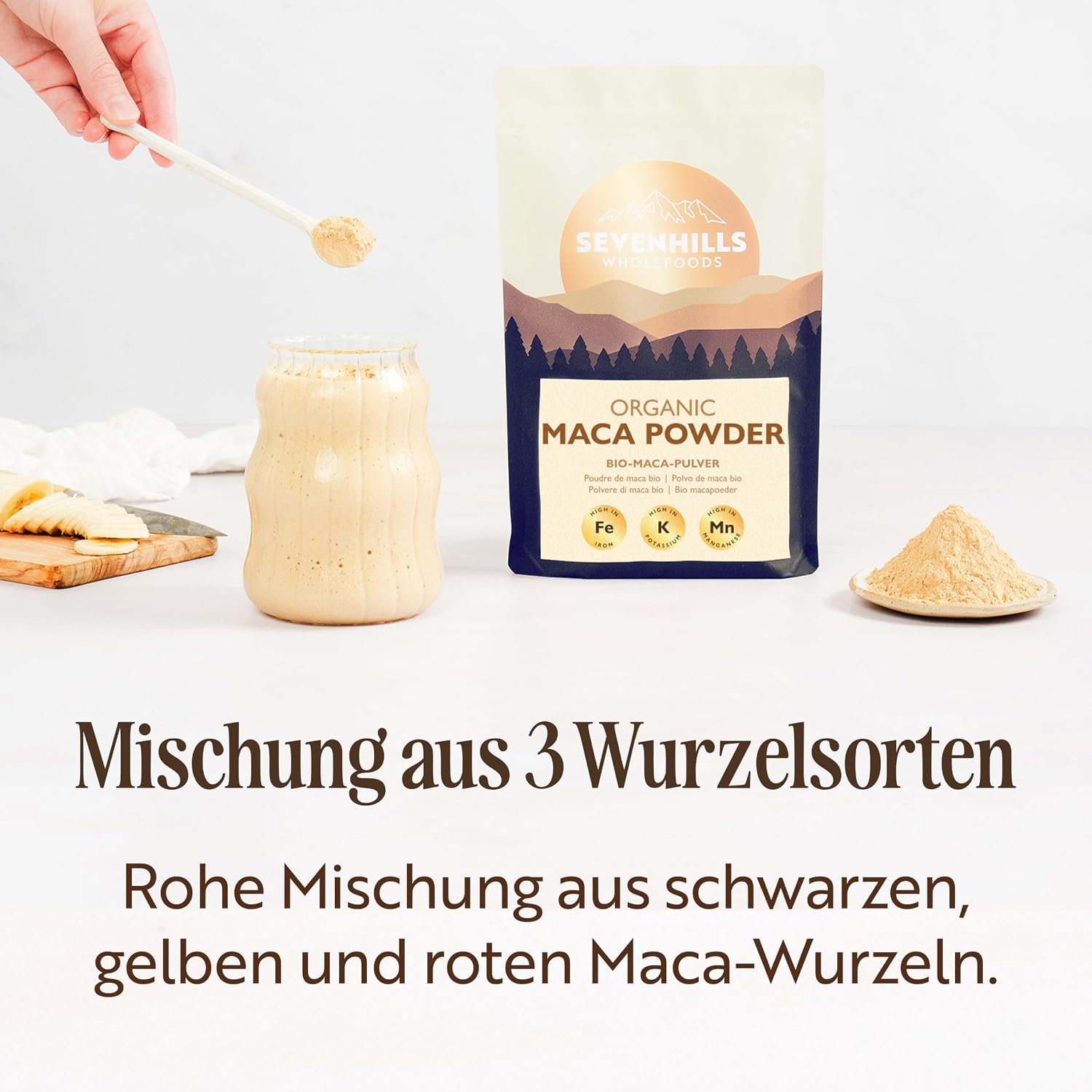 Detalle de Sevenhills Wholefoods Roh Maca Pulver Bio 500 g – Gelb, Rot und Schwarz aus Peru
