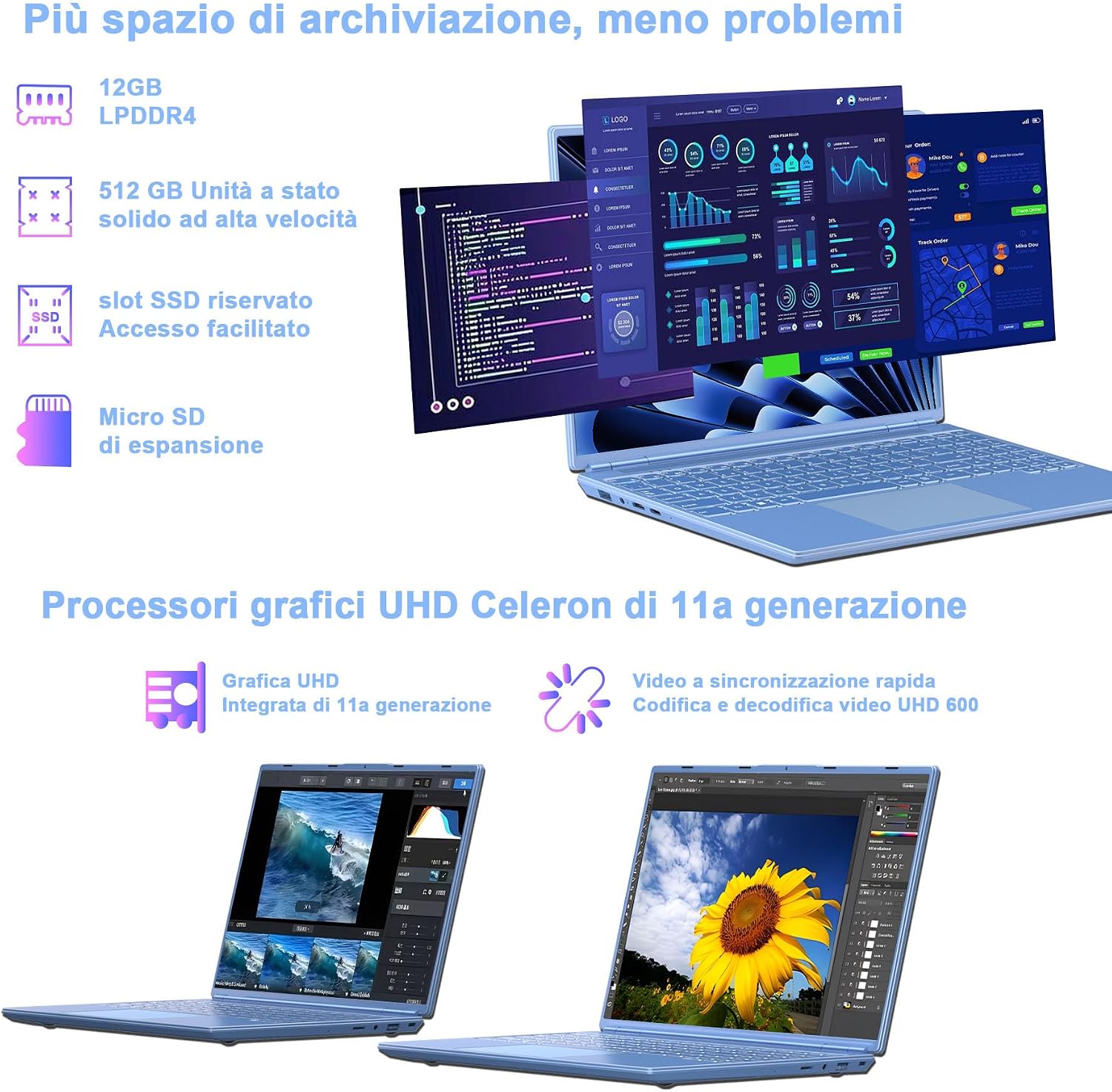 Detalle de NOTODD PC Portatile Win11 - 16'', 12GB RAM, 512GB SSD espandibile fino a 1TB, Celeron N5095, schermo 2K/Full HD