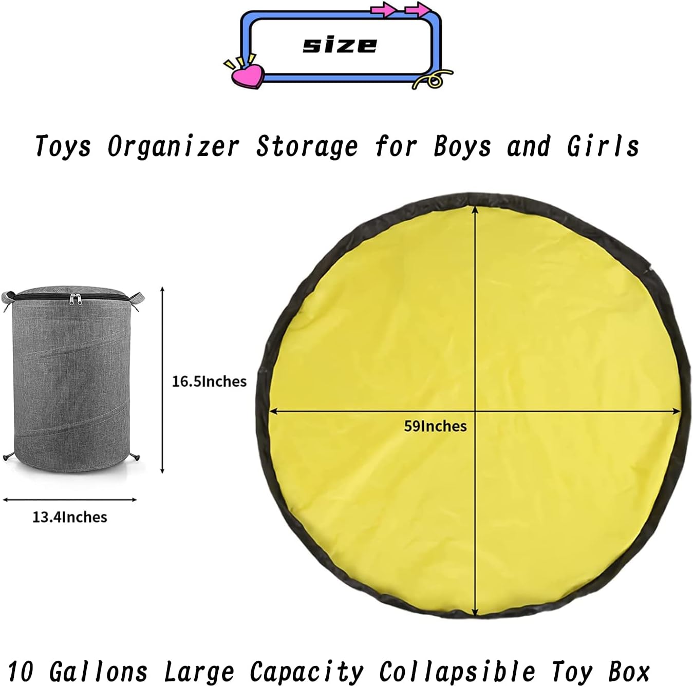 Detalle de Modojuny Kids’ Toy Storage Organizers with Play Mat (Grey) — Large canvas bin with zipper
