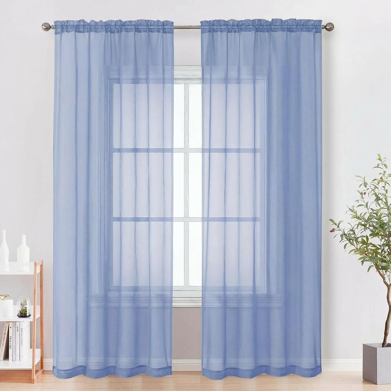 Detalle de OVZME Sheer Curtains, 2 Panels, 84-Inch, Light-Filtering Demin Blue