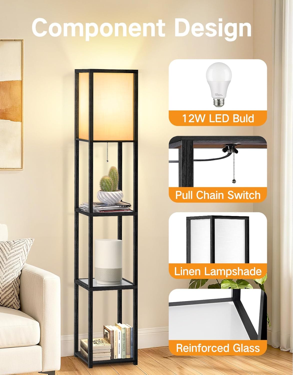 Thumbnail 6 de OUTON Stehlampe mit Glasablagen – Einstellbare Farbtemperaturen (3000K–6000K), LED, Holz Eck-Display, Schwarz
