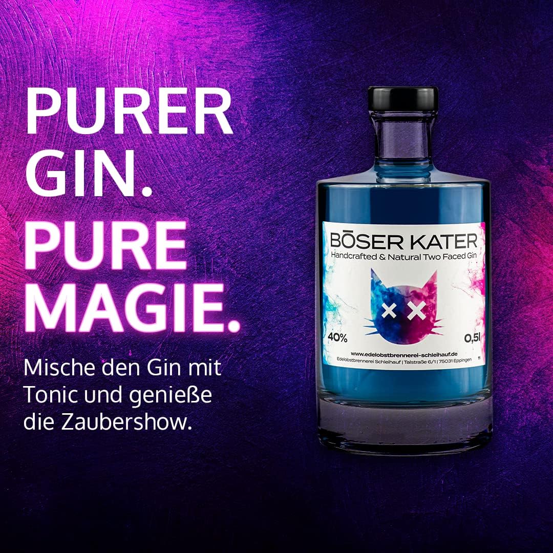 Detalle de BÖSER KATER Magic Two Faced Gin – Farbwechsel-Geschenk im hochwertiger Box, 0,5 l
