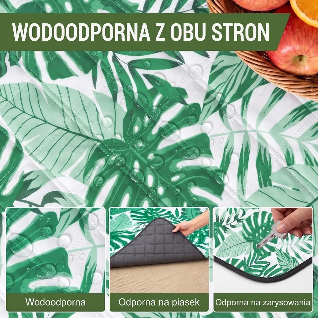 Detalle de Wolfwise 26004 koc piknikowy 200 × 200 cm, wodoodporny spód, zielone paski