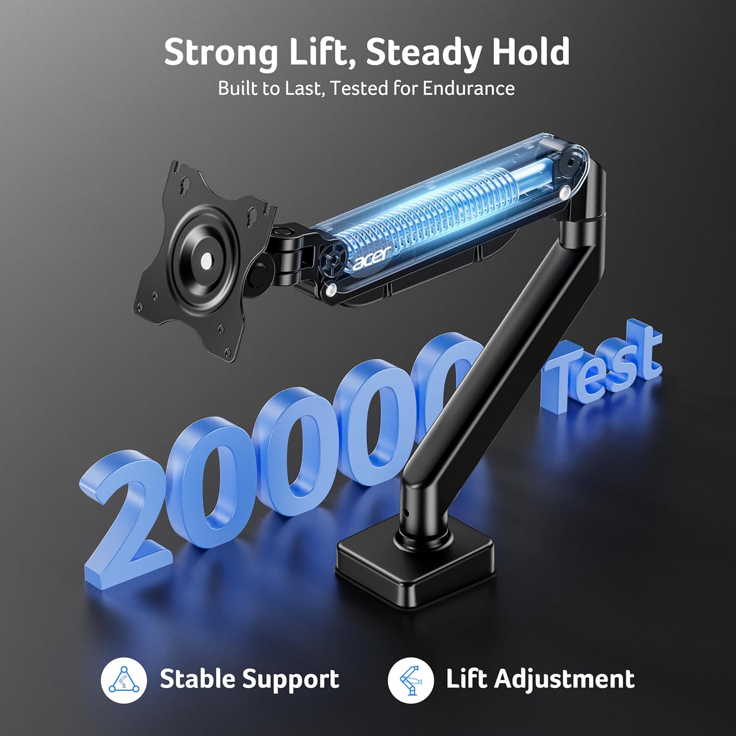 Detalle de Acer single monitor arm desk mount (17–34 inch) with gas spring, tilt/swivel/rotate, VESA 75/100