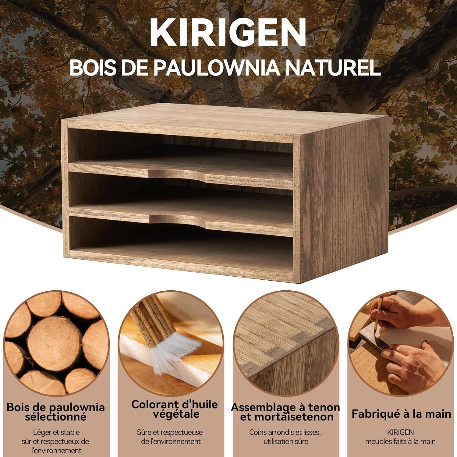 Detalle de KIRIGEN brievenhouder van hout, donkerbruin met 3 vakken voor je bureau
