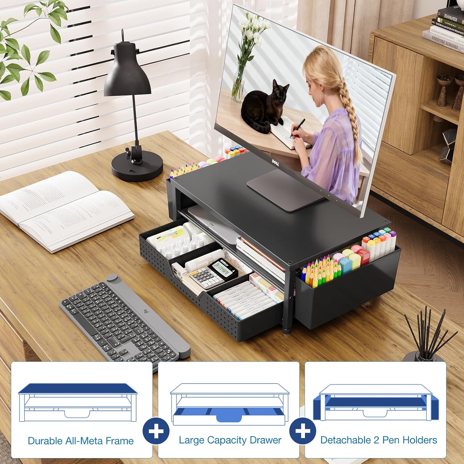 Thumbnail 3 de OPNICE Computer Monitor Stand Riser with Drawer and 2 Pen Holders, Black