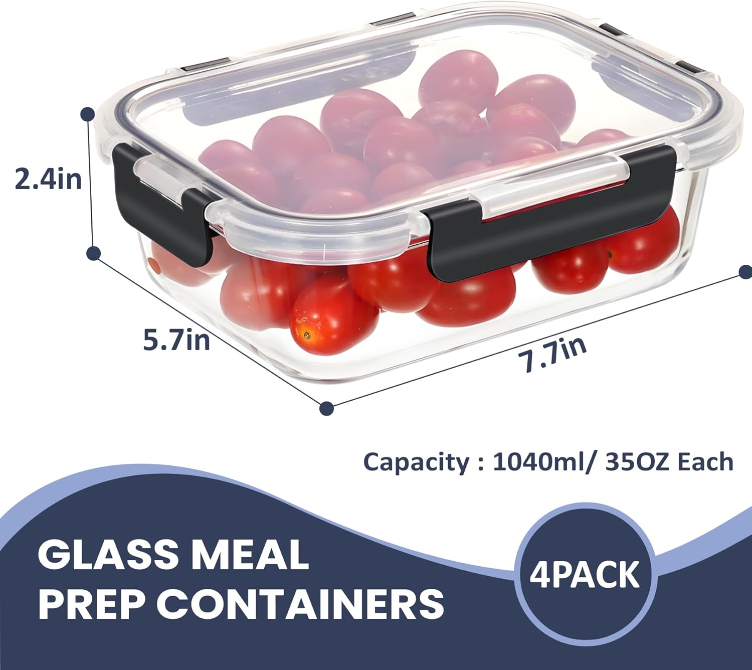 Thumbnail 1 de Hotec 35OZ Airtight Glass Food Storage Containers (4-Pack) — Microwave, Oven, Freezer & Dishwasher Safe