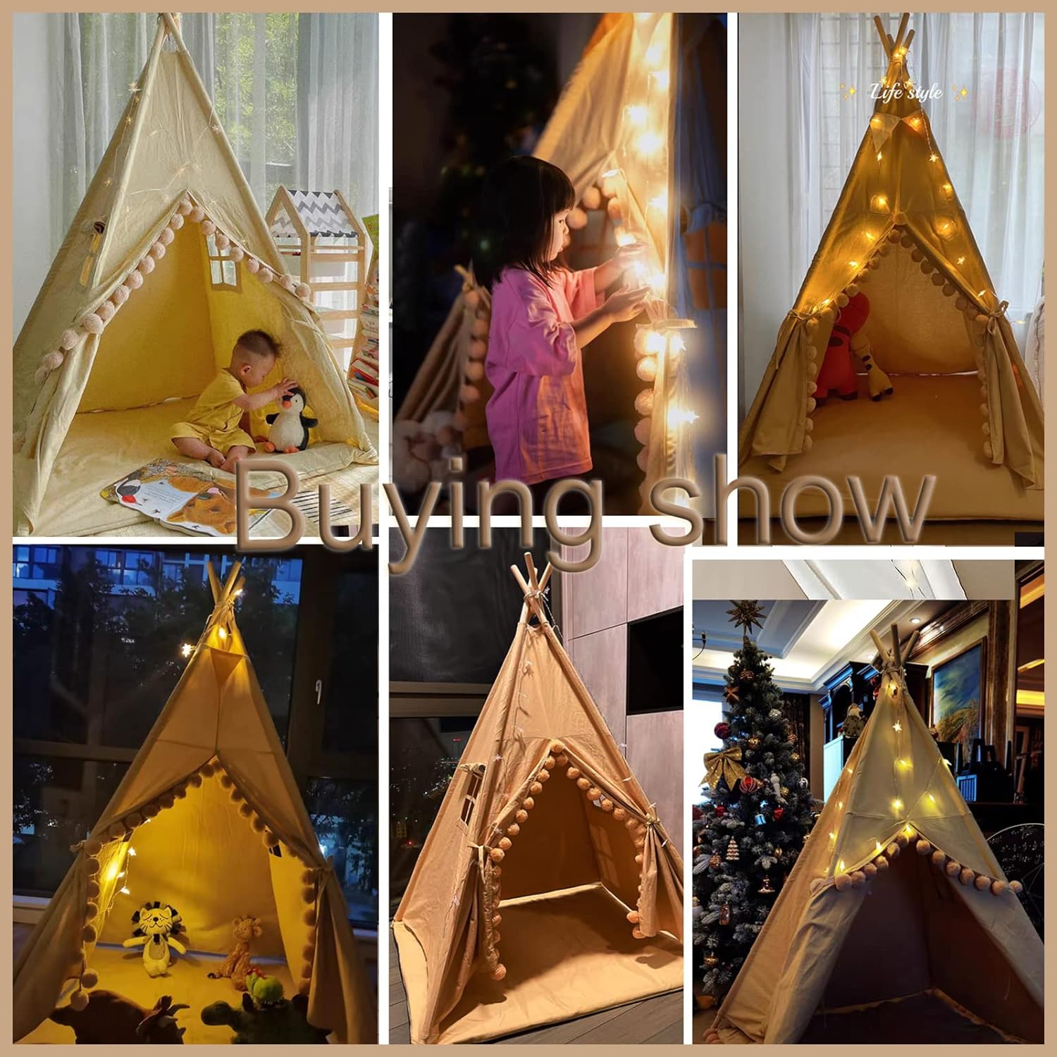 Thumbnail 1 de RONGFA Kids Teepee Tent Indoor Play Cottage with Floor Mat, Star Light & Carry Bag
