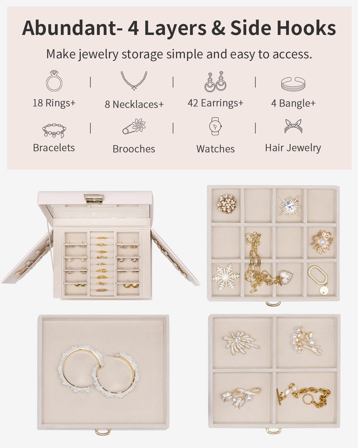 Detalle de Vlando joyero grande 4 niveles beige