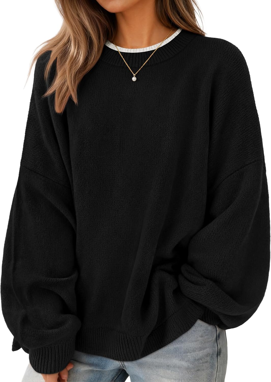 Detalle de ZESICA Oversized Women's Sweater, Crewneck with Contrast Trim and Batwing Sleeves