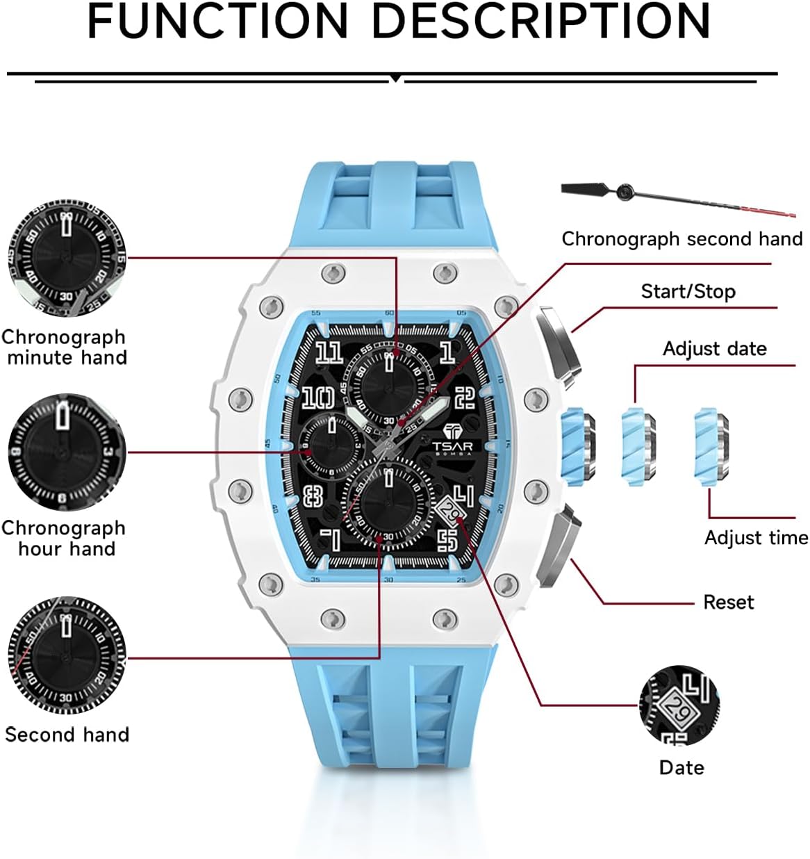 Detalle de TSAR BOMBA Herren-Luxusuhr mit Quarzwerk, leuchtendem Zifferblatt und Silikonarmband (5 ATM)