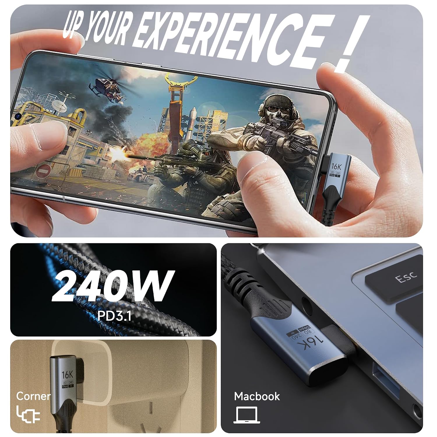 Detalle 2 de BAWIOFIAU USB‑C Kabel (90°) für Thunderbolt 5, 2 m – 240 W Laden & bis zu 80 Gbit/s, 8K@120 Hz