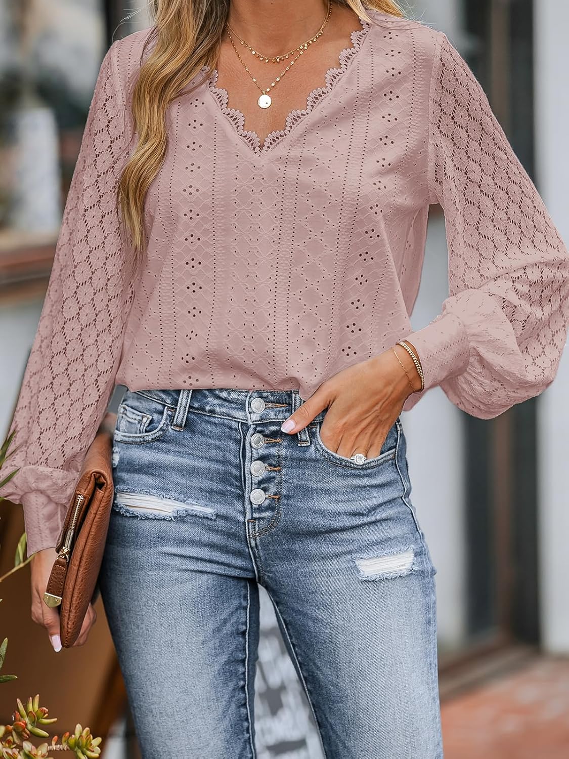Thumbnail 3 de CUPSHE Blusa da Donna con Pizzo Intagliato e Orlo Smerlato – Maniche Larghe in Pizzo, Scollatura a V