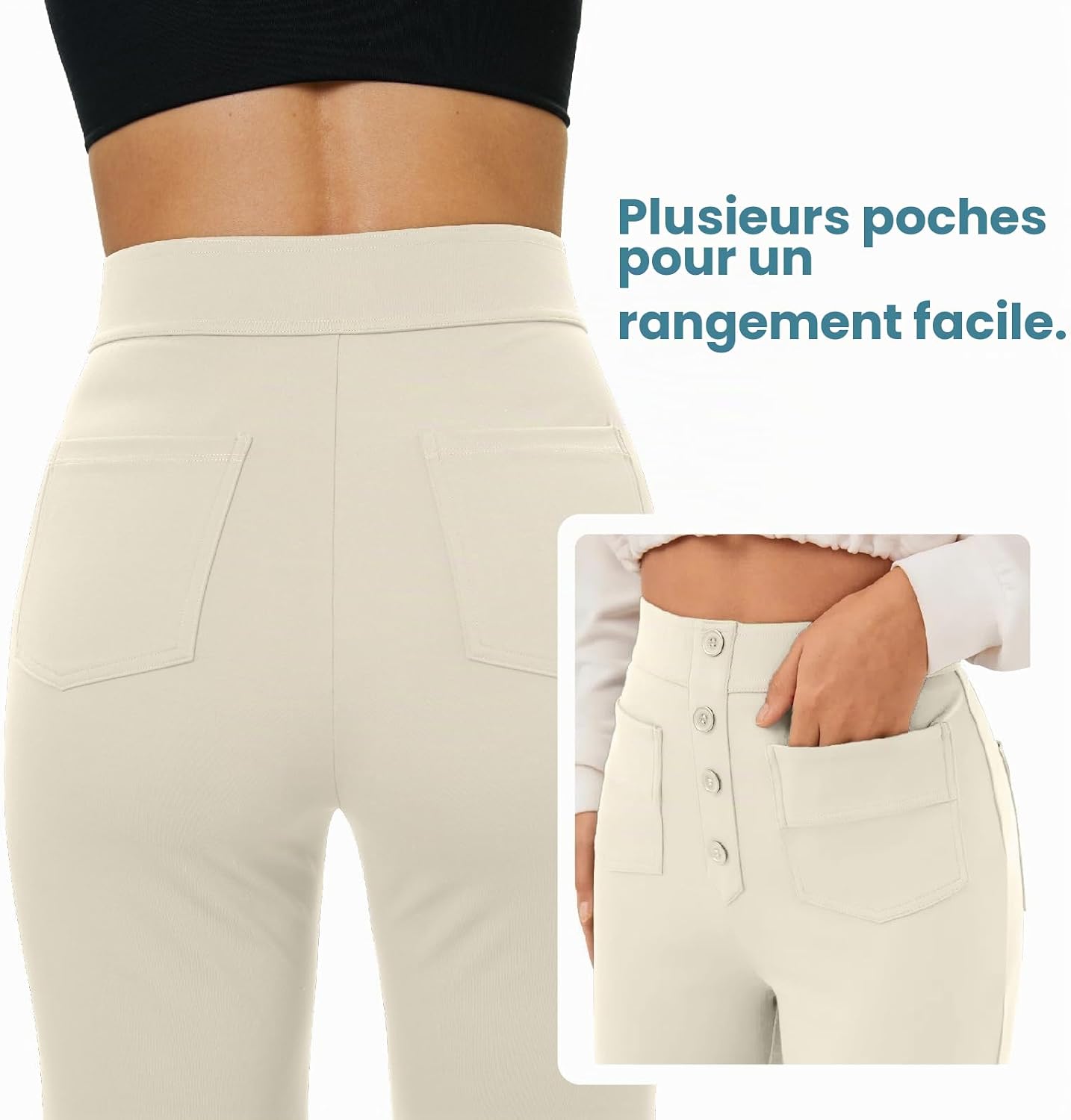 Detalle 2 de Glacspyg Yoga Pantalons Femmes Taille Haute — Pantalon Décontracté à Poches et Bouton (Droite) 80% Polyester