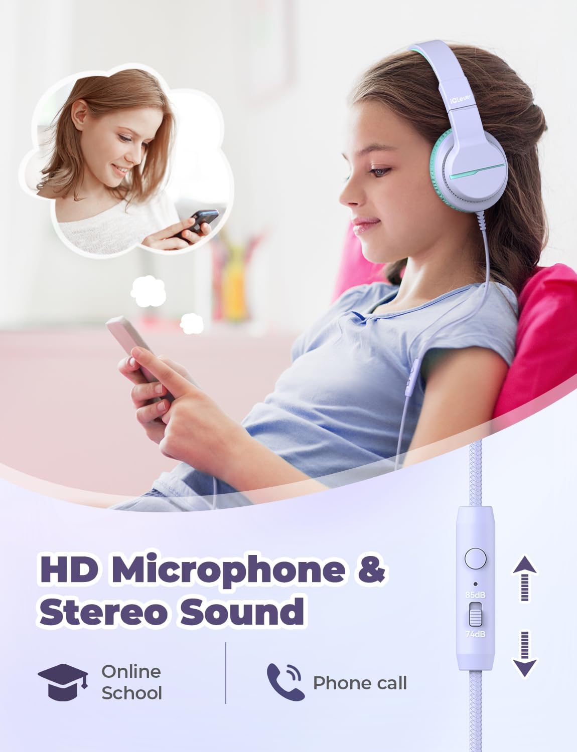 Detalle de iClever Kids Headphones for School or Travel (2 Pack) – Safe 85dB Volume, 40mm Drivers, Foldable Wired Headphones with Mic
