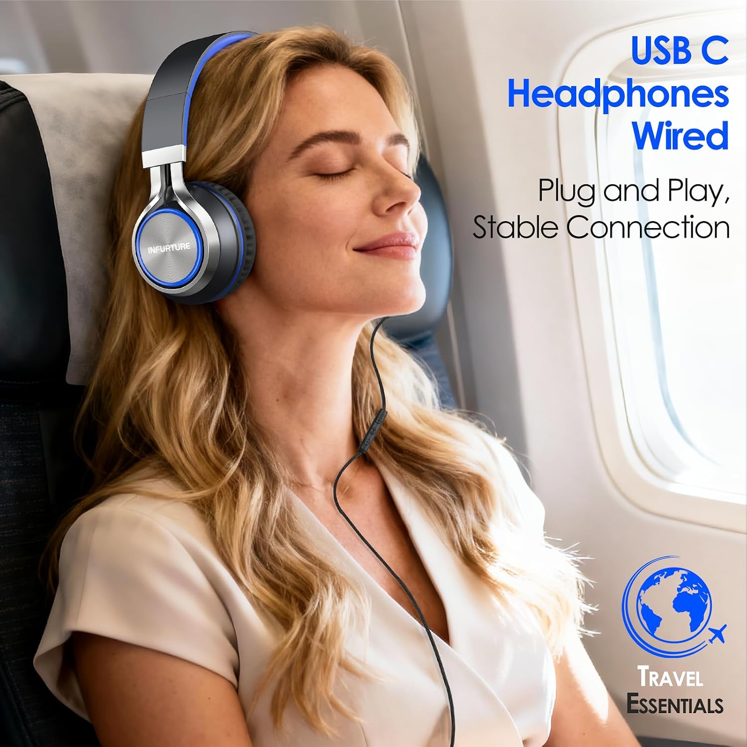 Detalle de INFURTURE USB-C wired headphones with microphone, volume control and foldable design (Blue-Black)