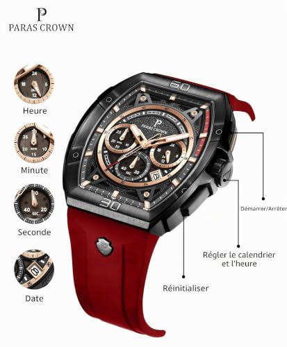 Thumbnail 4 de PC PARAS CROWN Montre Homme Quartz Chronographe – Boîtier Tonneau, acier inoxydable, 5 ATM, bracelet silicone
