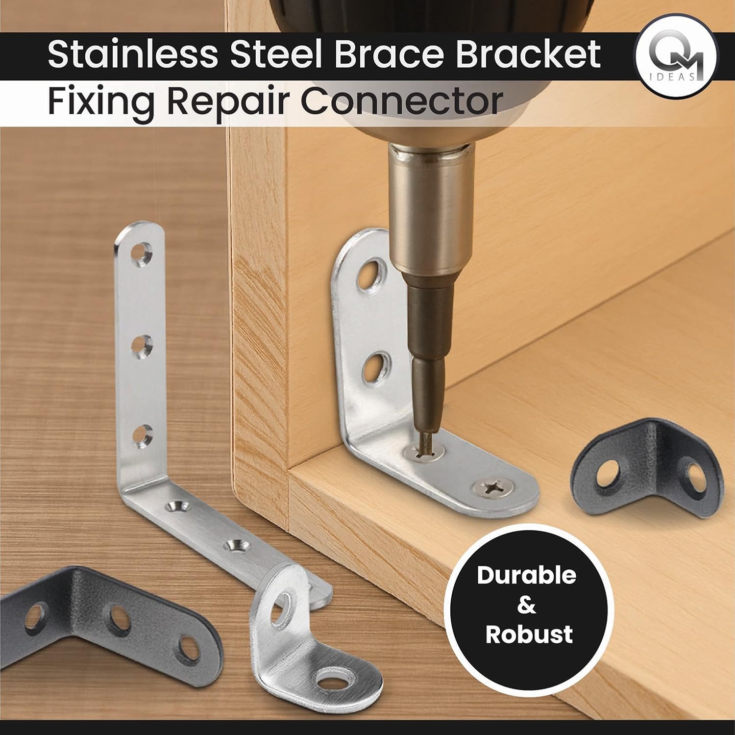 Detalle de OMIDEAS set of 8 stainless steel 90° angle brackets (100 x 100 x 20mm) with screws