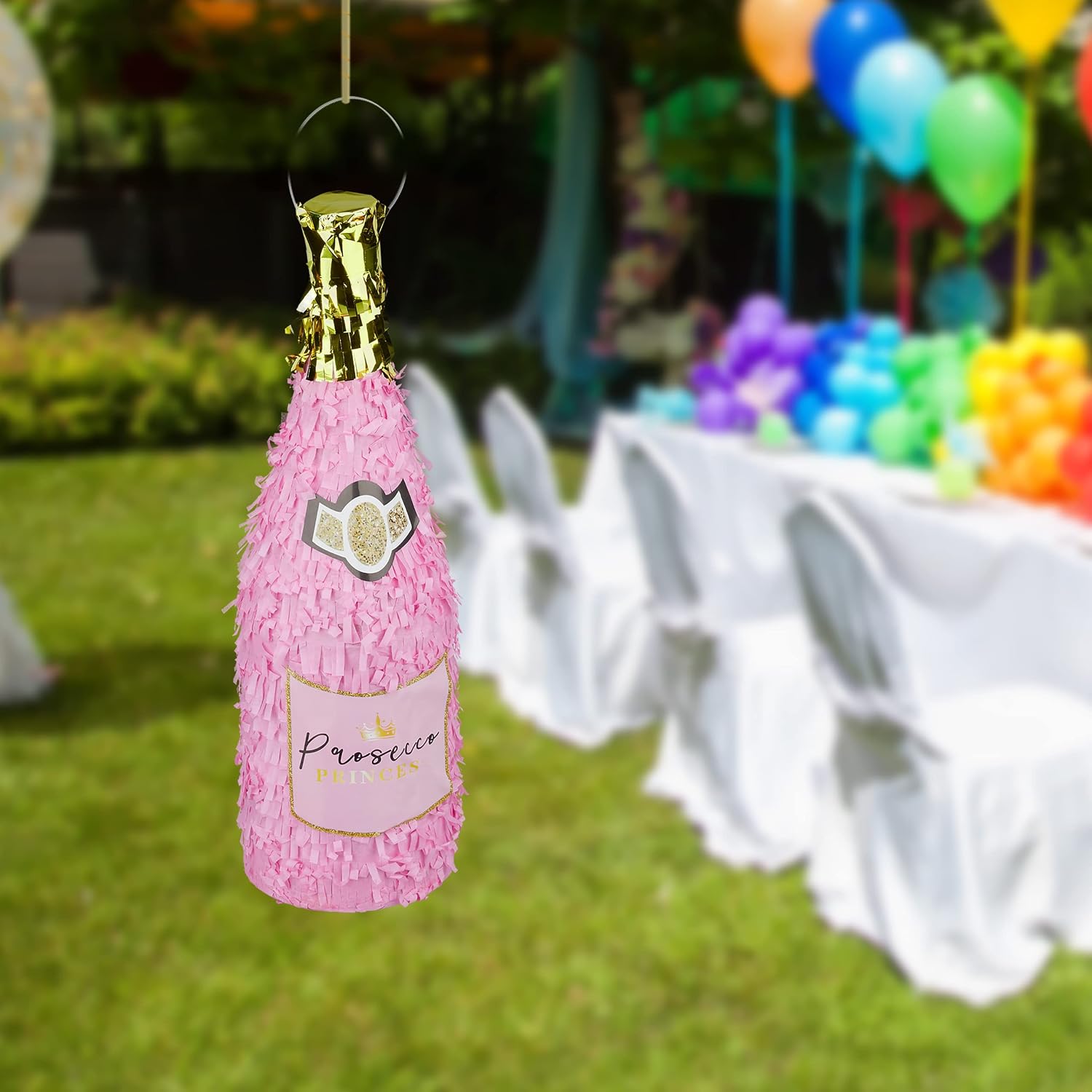 Detalle 2 de Relaxdays Pinata Anniversaire – Bouteille de Champagne à Suspendre, Princesse, rose doré, à remplir