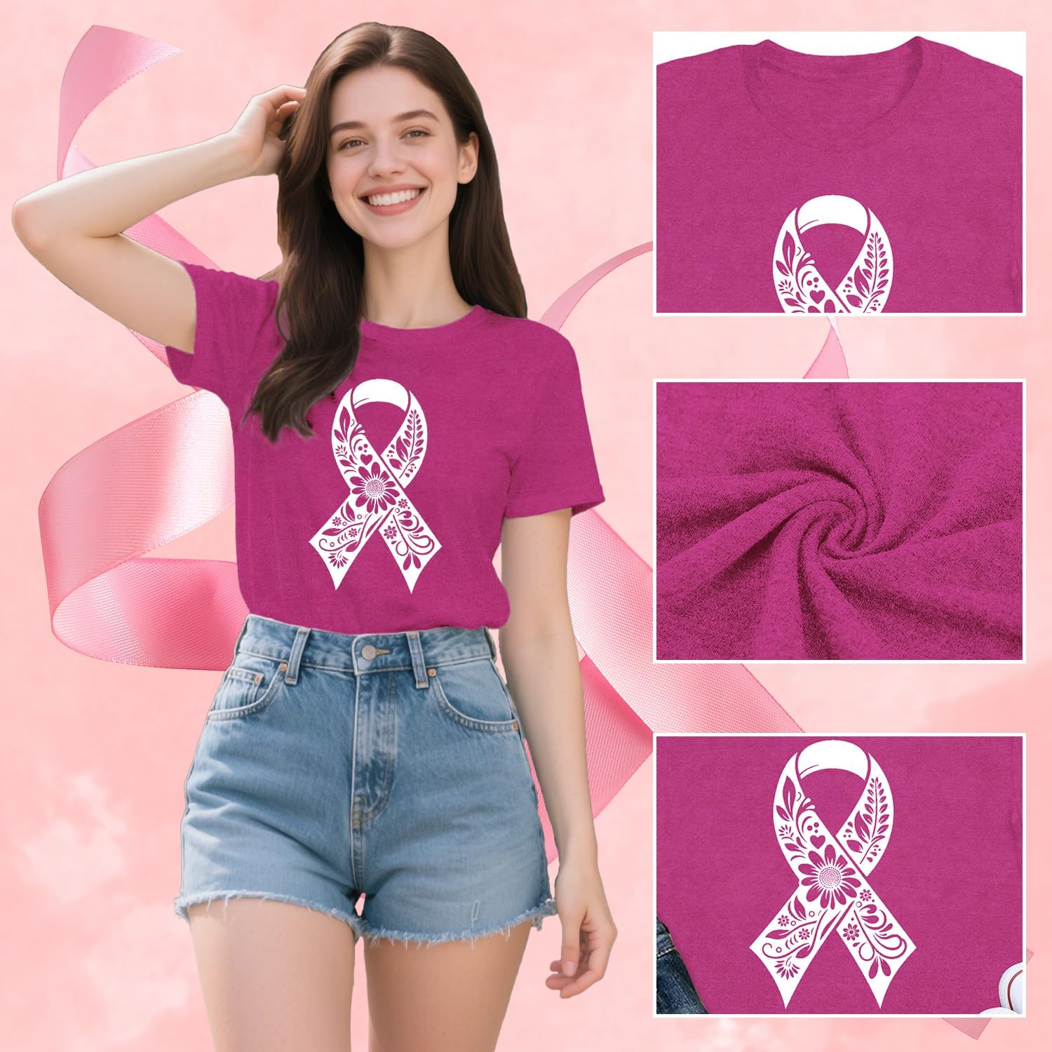 Detalle 2 de Qskall Breast Cancer Awareness T-Shirt for Women with Pink Ribbon Floral Design