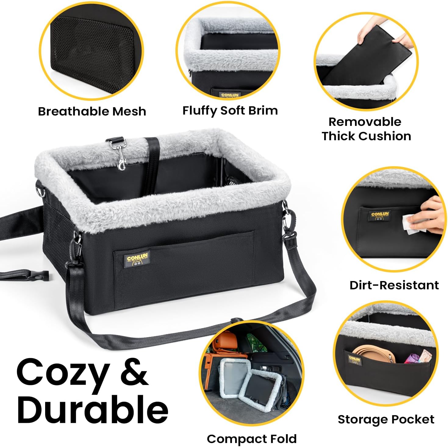 Thumbnail 4 de Conlun Dog Car Seat – Elevated Pet Booster Seat for Small Dogs under 9kg with Steel Frame, Safety Tether & Breathable Mesh (Black)