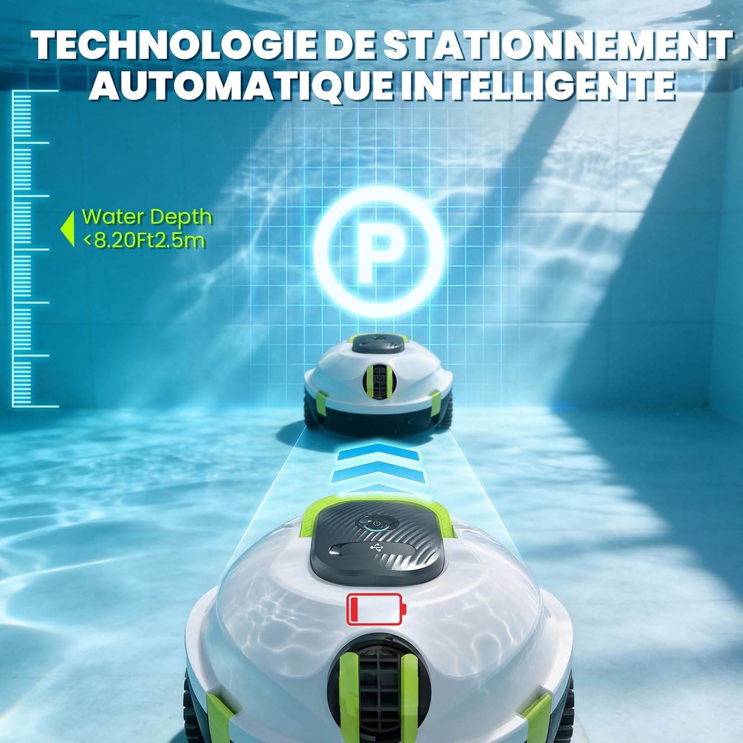 Detalle 2 de Robot Nettoyeur de Piscine sans Fil | Auto-stationnement, 120 Min d’autonomie et Léger pour Piscines hors-sol ou enterrées jusqu’à 110 m²