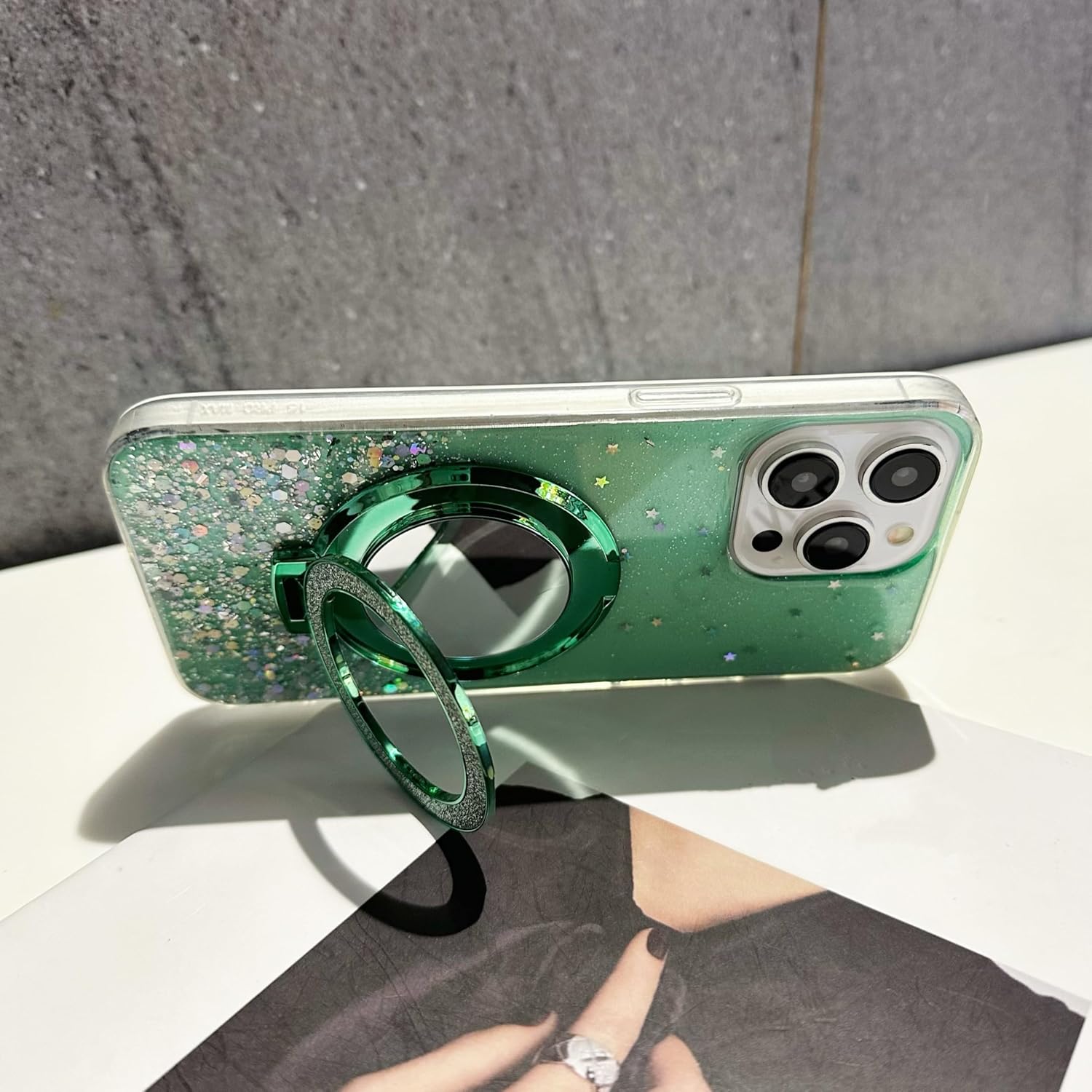 Detalle 2 de SIYOPINPFY Hülle für Xiaomi Redmi A5 4G – transparentes Silikoncase mit Spiegel-Ringständer, Glitter-Akzente und Kameraschutz