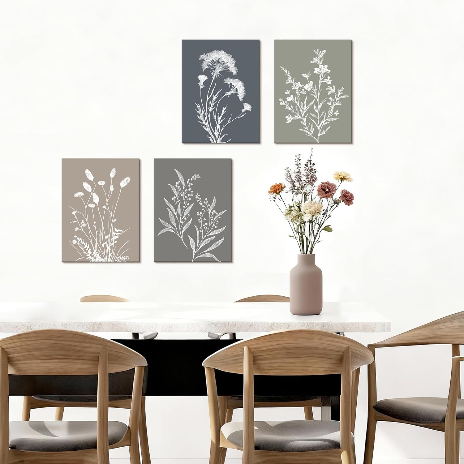 Thumbnail 1 de 4 Pcs Wooden Framed Canvas Wall Art Set – Boho Botanical Floral Prints (30x40 cm each) for Living Room, Bedroom and Hallway