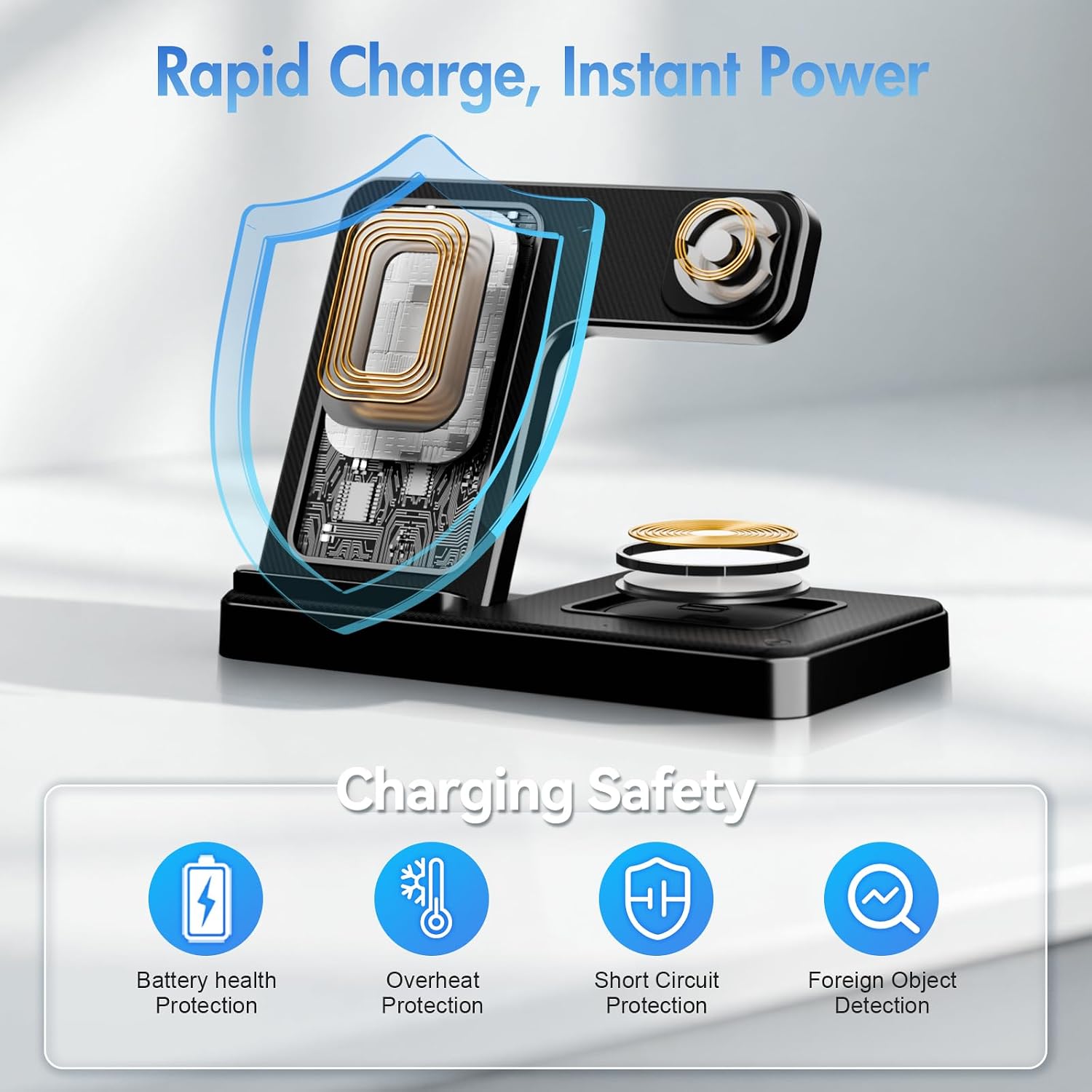 Detalle 2 de 3 in 1 Wireless Charging Station for iPhone, AirPods Pro 4/3/2 and Apple Watch – Foldable Travel Dock (Black)