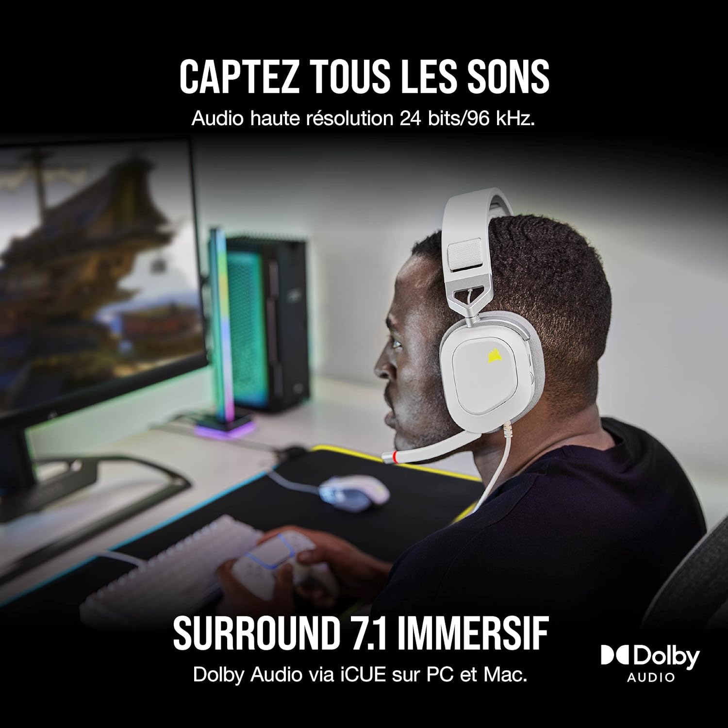 Thumbnail 1 de Corsair HS80 RGB USB – Casque Gaming Premium avec Dolby Son Surround 7.1 (Blanc)
