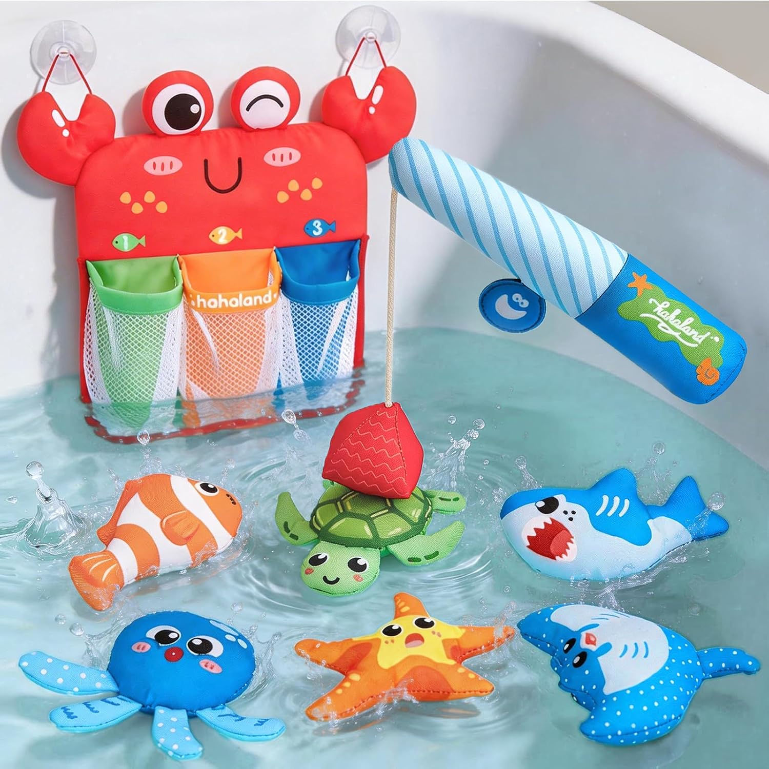 Thumbnail 1 de hahaland Montessori Bath Fishing Toys Set with Magnetic Sea Animals & Colour Sorting Mesh Bag