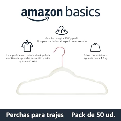 Detalle de Amazon Basics perchas antideslizantes de terciopelo finas (paquete 50) – marfil/dorado