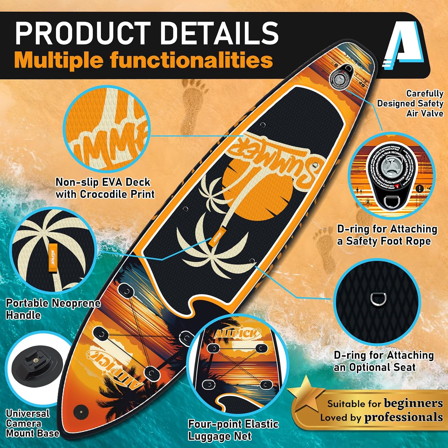 Detalle de ALLPICK Premium SUP Board Set: Aufblasbares Stand Up Paddleboard-Set mit Kamerahalterung und Zubehör