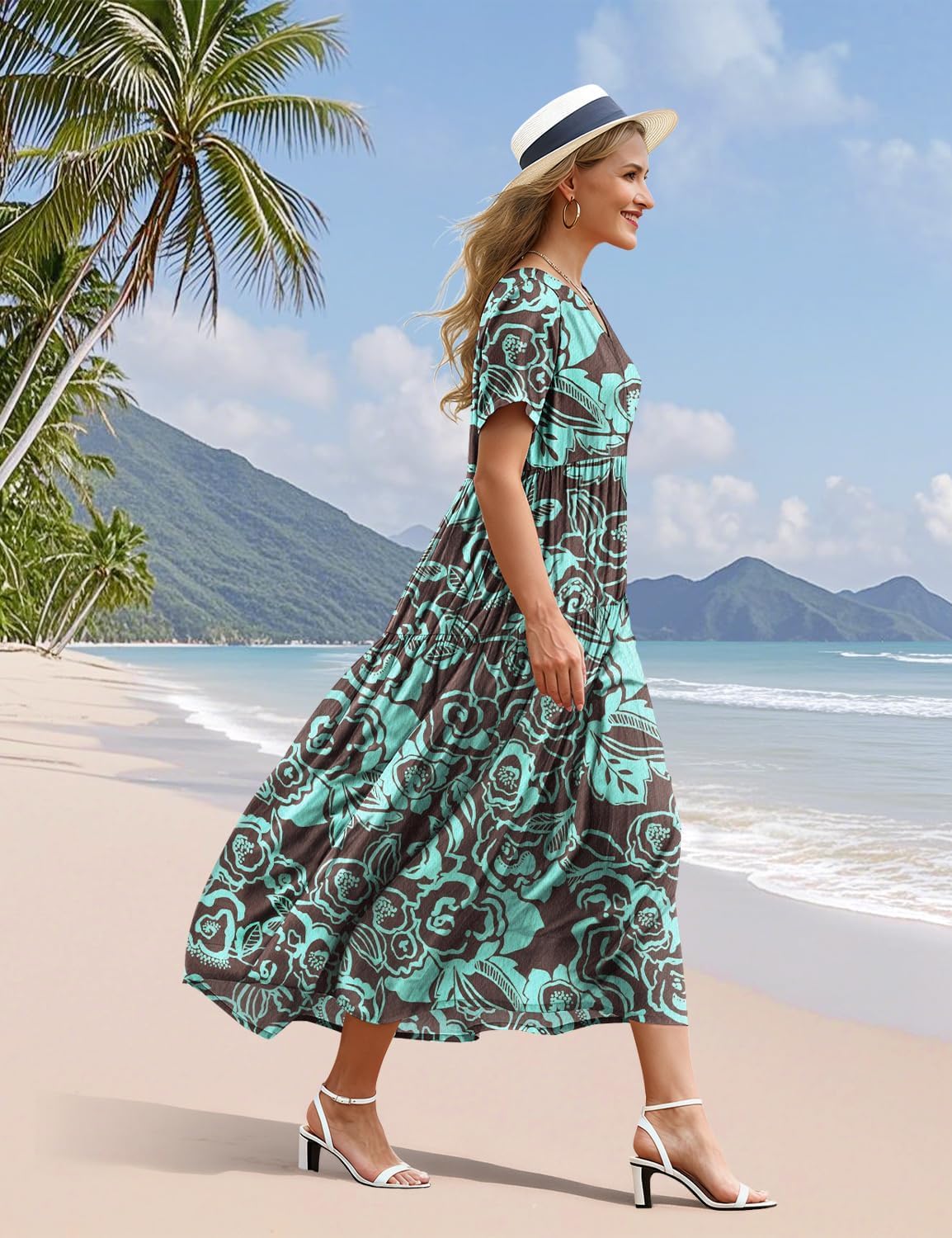 Thumbnail 2 de YESNO Women's Summer Maxi Dress: Floral Boho V-Neck with Pockets